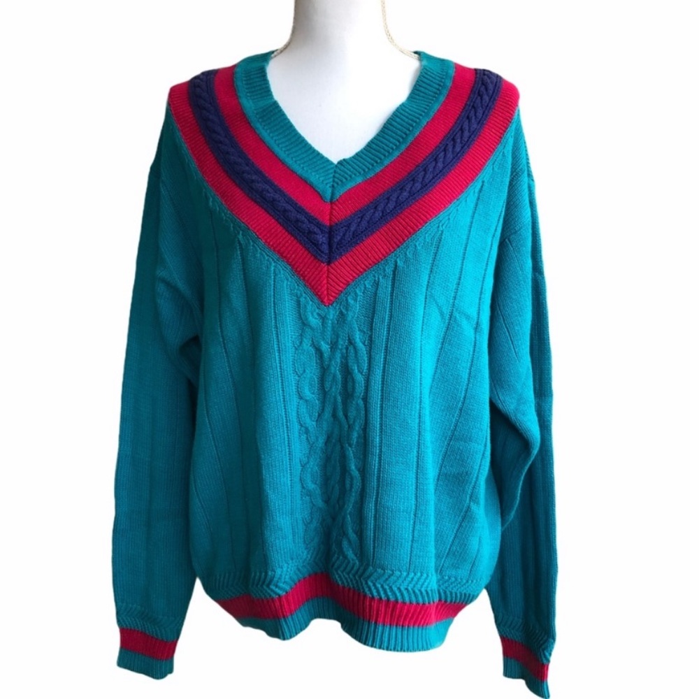 Vintage 90’s Gant Cable Knit Teal V Neck Sweater